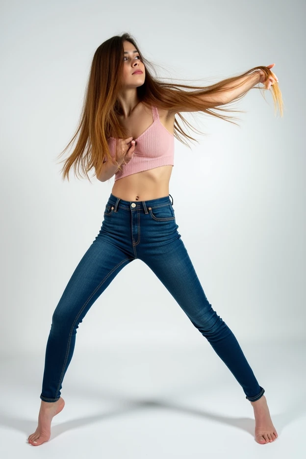 photograph of a girl, european, petite, slim, full body shot, dynamic pose, posing, wearing tight jeans, very long hair, cute top