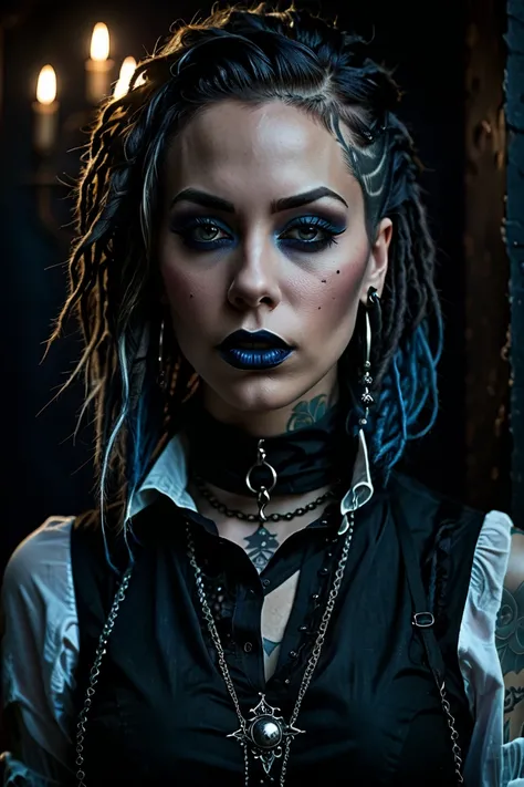 Gothic woman, dreadlocked hair, half of her hair is blue and the other half is silver, with a piercing in her mouth, tight clothing, a shirt with an open and sexy neckline, her breasts with piercings can be seen, she has a tattoo on her arms, dark lips, hi...