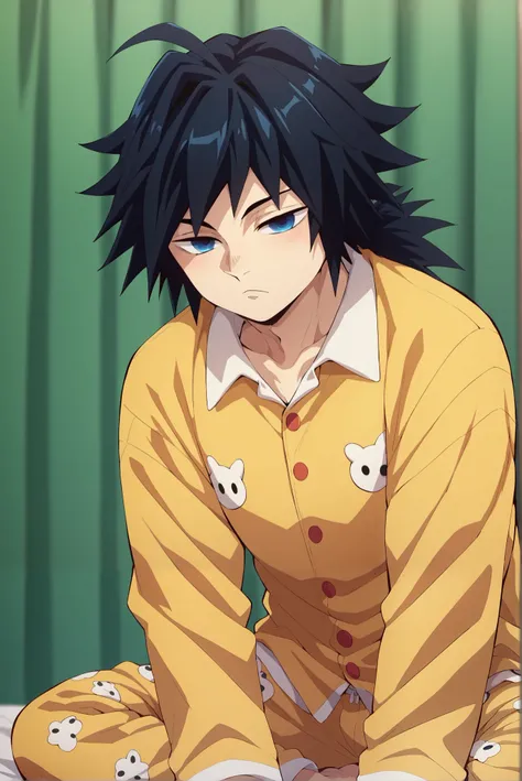 ((masterpiece)), ((best quality)), (8k), 1boy , 1Man, (Giyuu Tomioka),in cute pajamas,  furry pajamas , Half squinted eyes, Anime boy, Anime style, bedroom background