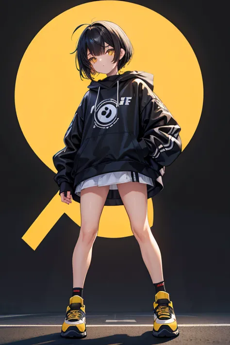  high resolution,   boyish ,    1 girl,  black hair, Sporty shortcuts,   asymmetrical hairstyle  ,  Asymmetrical bangs,   yellow eyes,  There are three circles in the middle of the eye,  Skater Style Street Fashion, slightly oversized bottoms,  standing,  ...