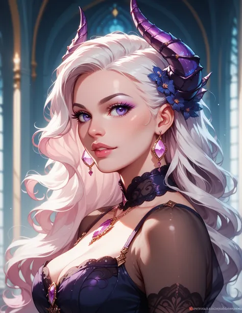 a digital painting of a fantasy female character with light skin, large purple eyes, and flowing white hair. She has prominent, spiraling dark horns, adorned with pink and purple gemstones. Her outfit is a dark, ornate dress with a deep neckline, and she w...