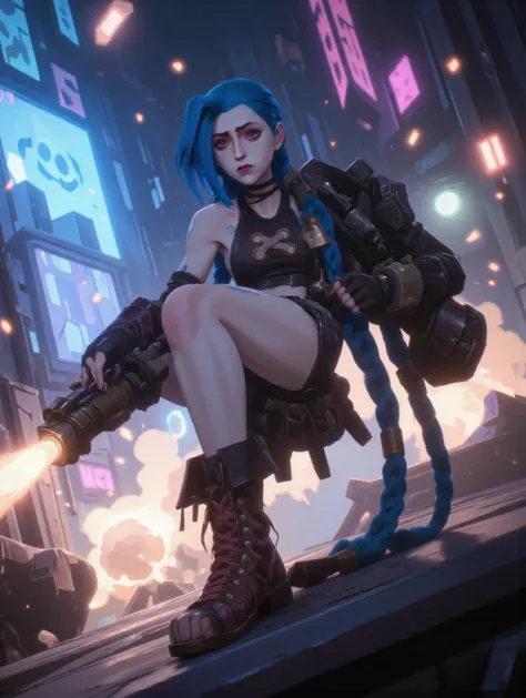 A dynamic action-packed digital painting of a cyberpunk girl with long blue twin-tails, mid-air, dodging explosions while firing a massive futuristic weapon. Her mischievous grin reflects pure chaos as neon lights from a futuristic cityscape flicker behind...