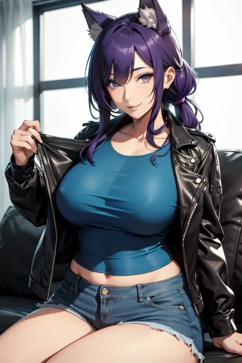 (high quality)(38 year old) Very long purple hair, mature grown wolf woman, purple eyes, several tattoos, busty tonned body, curvy butt, big sized breasts, wolf ears, wolf woman, happy smiling woman, tight blue shirt, extra small black tight demin shorts, ...