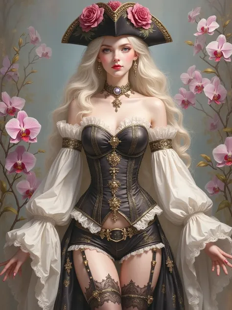 Detailed and professional full-length photograph of an attractive PIRATE LOLITA wearing strapless CORSET and low-cut mini shorts, Mary Jane shoes and knee-high lace stockings, bare abdomen, pirate hat with matching roses, with long wavy hair. She wears an ...