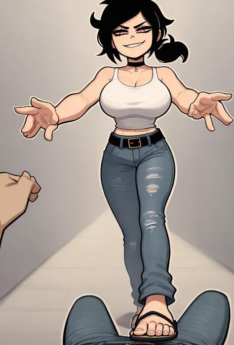 score_9, score_8_up, score_7_up, outline, BREAK
1girl, ashleygr, black hair, ponytail, pink eyes, choker,(((big breasts boobs))),tight thicc jeans,(((black Flip flops))),black belt,(((White mini fitted tank top))),walking,bottom down view,POV, front of you...