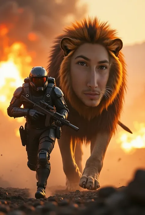 A highly detailed and cinematic depiction of a futuristic battlefield. A massive, muscular lion with a majestic mane, glowing eyes, and a fierce expression is walking beside a heavily armored soldier. The soldier is wearing modern tactical gear, holding a ...