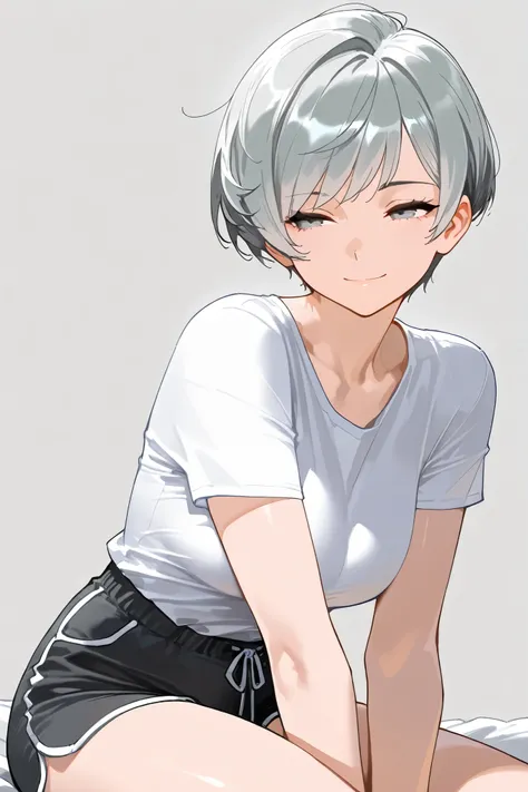 best quality, masterpiece,highest resolution, 1girl, solo, gray hair,pixie cut, expressionless eyes, solitude expression, smile, gray eyes, white shirt, shorts, sitting, gray background, mature