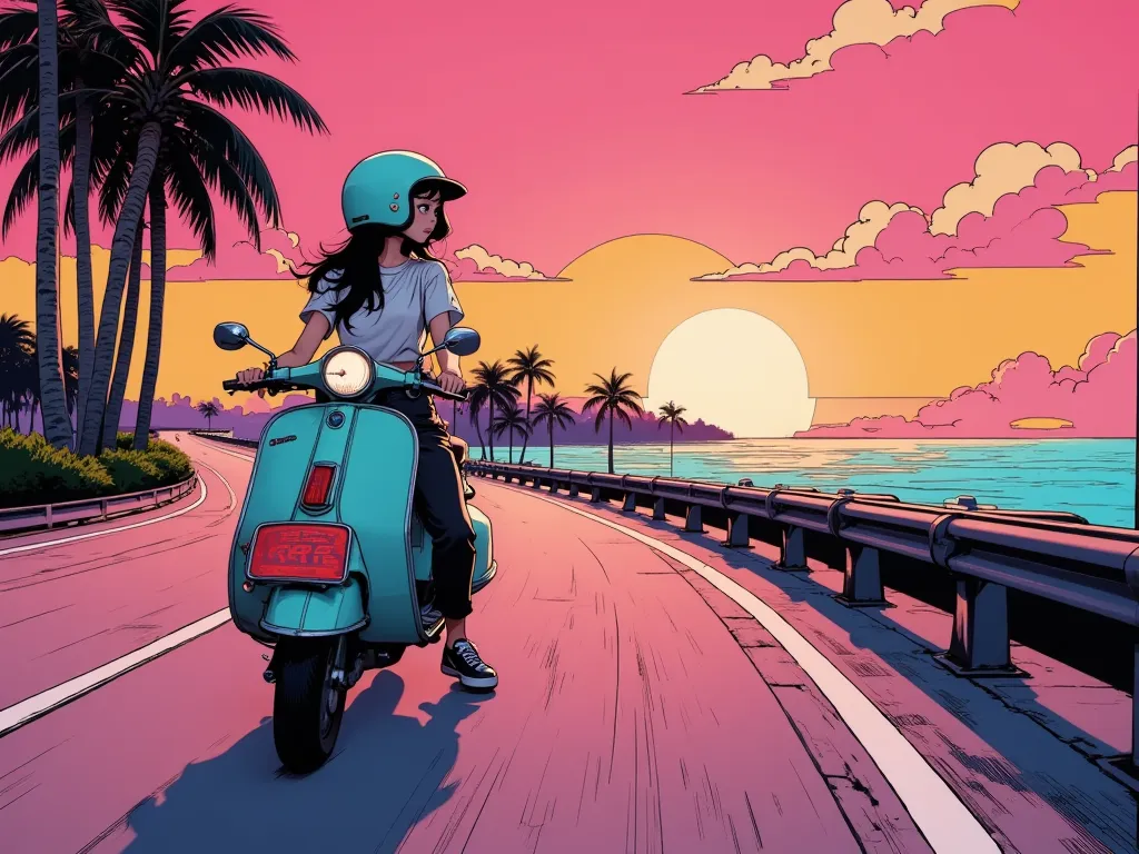 Synthwave style image, a sideway view of a highway by the sea, where a girl is riding on a scooter. the sun is setting down. coconut trees can be seen on the side of the highway. the color is vividly displaying prominent neon-like pink, orange, and turquoi...