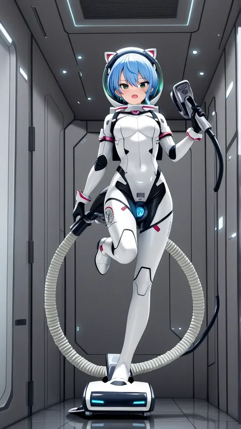 1girl,light blue hair,short hair,green eyes,solo,she in white sleek bodysuit with black joint and gray joint accents,floating midair in zero gravity,from front view, looking at the viewer with a flustered expression,open mouth,wide eyes,wearing cat-ear hea...