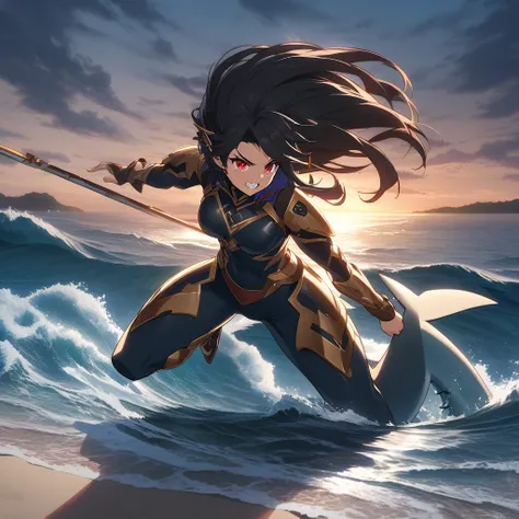 A young hybrid warrior with shark traits, stylized in the epic fantasy anime genre. She has a strong and agile shark tail, adapted to swim quickly and move gracefully in combat. Her teeth are slightly sharpened, reminiscent of marine predators,  and its re...