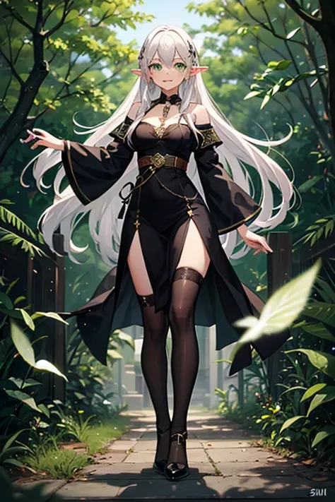 1girl,solo,White haired elf,middle part,long hair,green eyes,light smile,wears a green amulet around her neck and has a strong connection with nature,Black long Chinese dress,Black tights,Black shoes,full body