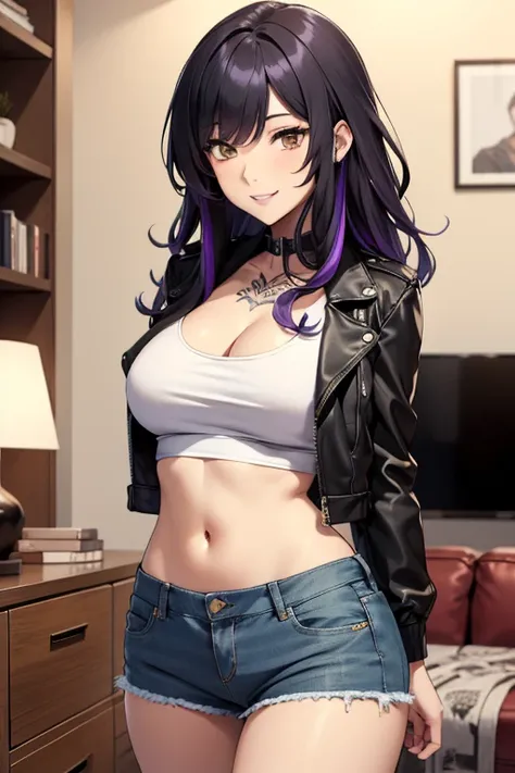  (High quality) Very long black hair with purple highlights, yellow eyes, exposed cleavage, busty lean body, curvy, medium sized round breasts, tattoos on the arms, tattoo on the chest, small tight shorts, black crop top, unzipped tight mini jean jacket, b...