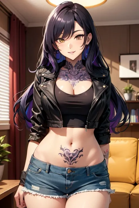  (High quality) Very long black hair with purple highlights, yellow eyes, exposed cleavage, busty lean body, curvy, medium sized round breasts, tattoos on the arms, tattoo on the chest, small tight shorts, black crop top, unzipped tight mini jean jacket, b...