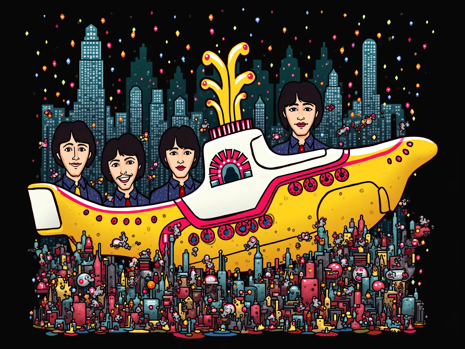 we all live in a yellow submarine, sergeat pepper style, insanely high detailed, urban, the beatles