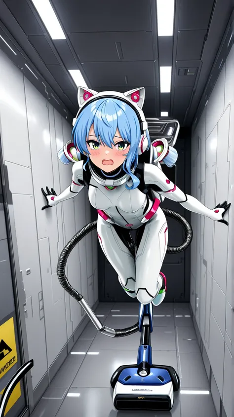 1girl,light blue hair,short hair,green eyes,solo,she in white sleek bodysuit with black joint and gray joint accents,floating midair in zero gravity,from front view, looking at the viewer with a flustered expression,open mouth,wide eyes,wearing cat-ear hea...