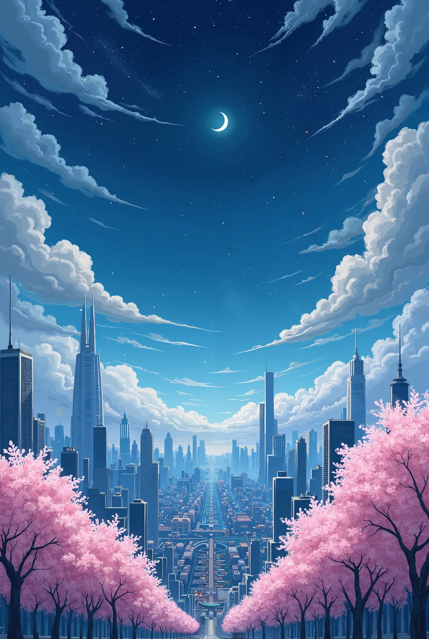 Create an image with clouds Moon and sakura trees in middle of the city with lots stars it should be Ghibli art 