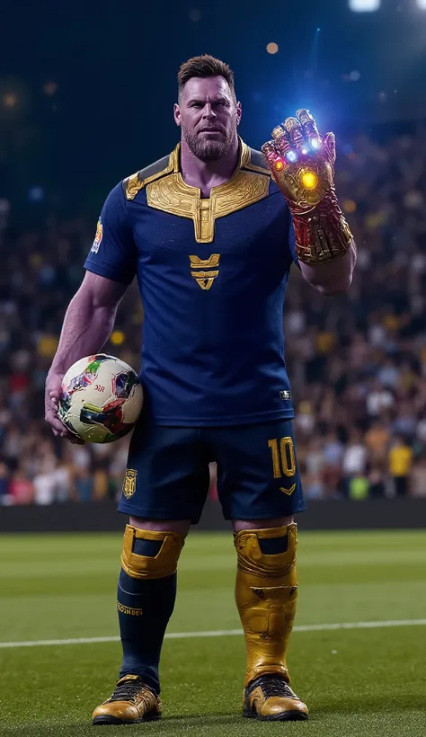 A realistic hybrid character between Lionel Messi and Thanos. His body is muscular and colossal like that of Thanos, with a purple skin, Carra is Messi's, including his well-trimmed beard and determined look. He wears an Argentine national team jersey with...