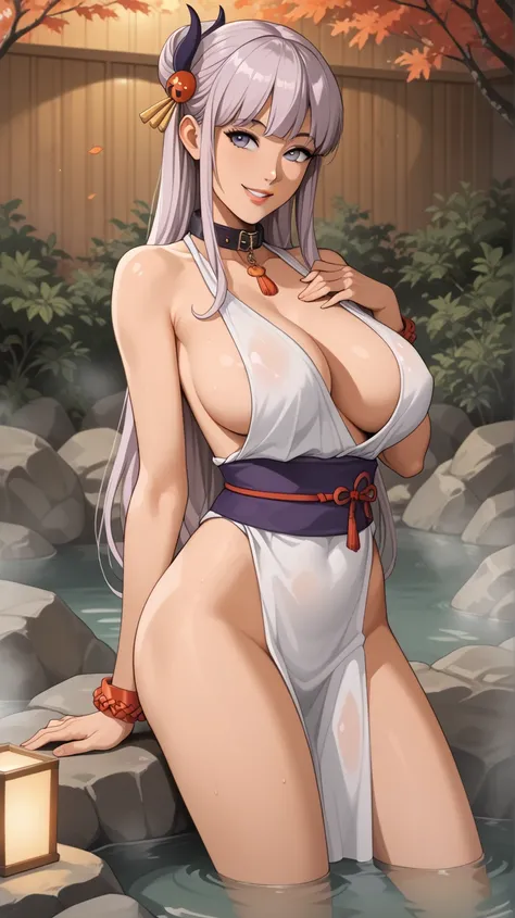 Woman in an onsen, mouth shut, 1 girl,  long hair, breasts, large  breasts, seductive smile, wry smile,wearing a slavakini , watching the observer, slavakini ,  pelvic curtain  , collar, bracelet , hair ornament, background onsen,  long hair ,Adult Movie A...