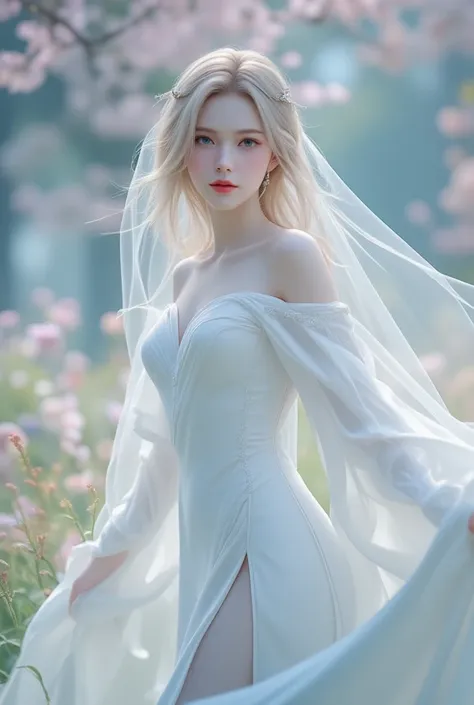 (masterpiece, best quality: 1.2), (ultra-realistic:1.2),(ultra details), (pure white dress),(nude color high heels),beautiful woman like a model,18years old,gentle smile, light blond hair,red lips,blue eyes,beautiful skin,(wedding dress influenced by rose)...