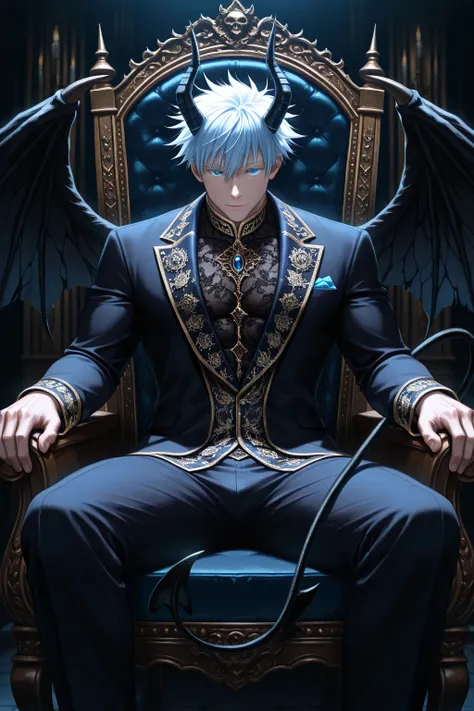 1boy, male focus, gojou satoru, jujutsu kaisen, short hair, hair between eyes, blue eyes, muscular, handsome, sexy man, mature male, cool, demonlord, ((horns)), wings, tail,  black sexy clothing, intricate clothes, embroidery, jewelry, solo,arrogant, horny...