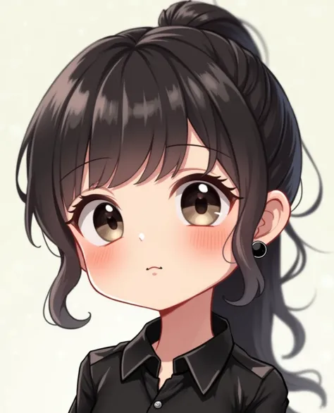 The image shows a chibi (cute art) young girl with dark hair pulled back into a ponytail and fair skin. She is wearing a black satin shirt with a shiny texture and black earrings. The girl has puffed out her cheeks, giving her face a funny and capricious e...