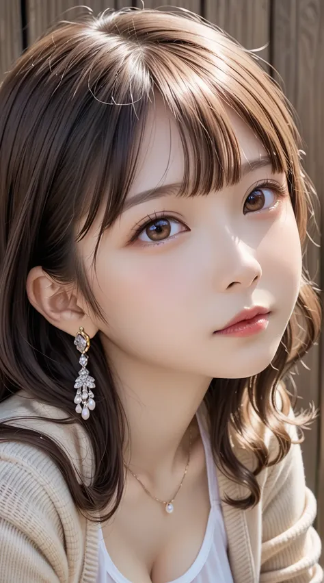 There is a woman crouching on a wooden deck、((((Gazing at Something Off-Frame))))、 break ((( Face Up 、 close-up face、 big breasts with firmness、 beige cardigan )))、 side view、 (long light brown hair ),  long curly hair, bangs,  very beautiful face, Large t...