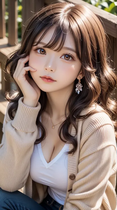 There is a woman crouching on a wooden deck、((((Gazing at Something Off-Frame))))、 break ((( Face Up 、 close-up face、 big breasts with firmness、 beige cardigan )))、 side view、 (long light brown hair ),  long curly hair, bangs,  very beautiful face, Large t...