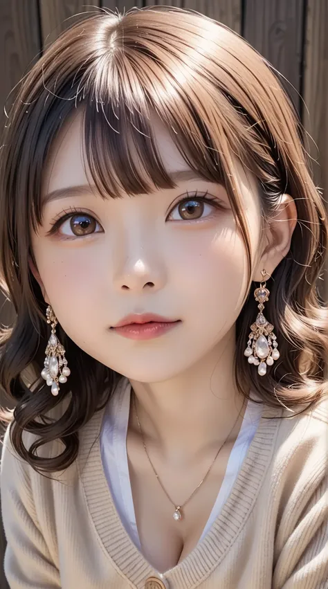 There is a woman crouching on a wooden deck、((((Gazing at Something Off-Frame))))、 break ((( Face Up 、 close-up face、 big breasts with firmness、 beige cardigan )))、 side view、 (long light brown hair ),  long curly hair, bangs,  very beautiful face, Large t...