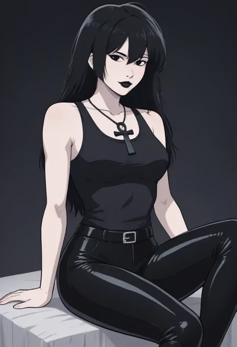 Very white goth woman with medium short and messy black hair, wearing black tank top and black synthetic leather pants, wearing ankh necklace black eyes black lipstick, Sitting on the back of Morpheus 