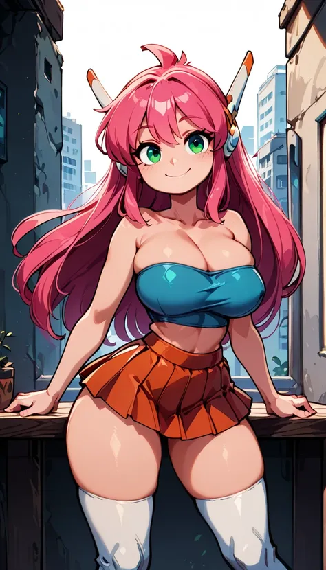 masterpiece, best quality
,
1girl, solo, zzNukuNuku, green eyes, pink hair, long hair, robot ears, cute face, (young), (cute), (curvy), (big breasts), (thick thighs), slim waist
,
tube top, pleated skirt, micro skirt, midriff, white knee-high socks
,
stand...