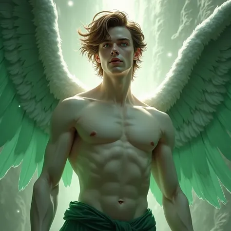 Male angel with green wings,  white skin,  athletic body, smooth face, high, brown and short and long hair,  green eyes.