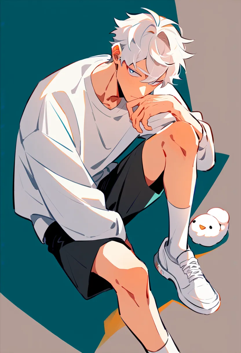 White-haired boy wearing white sweatshirt, black shorts with white stripes and a white slipper 