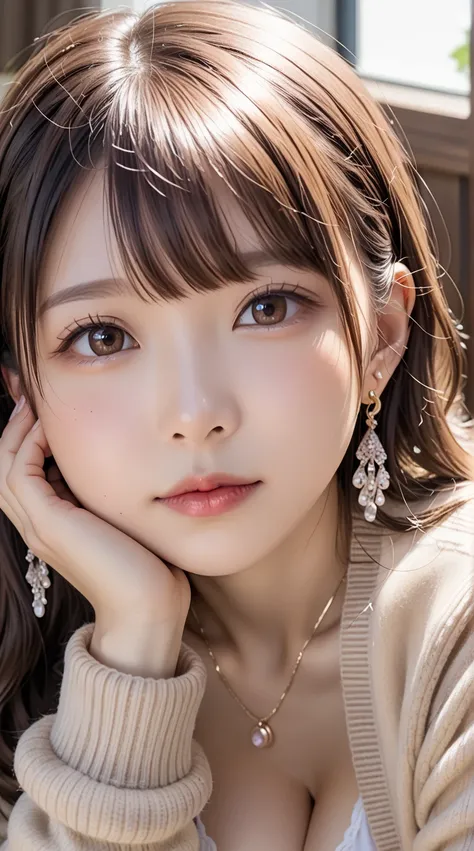 There is a woman crouching on a wooden deck、 points to viewers、((((Gazing at Something Off-Frame))))、 break ((( Face Up 、Close-up chest、 big breasts with firmness、 beige cardigan )))、 side view、 (long light brown hair ),  long curly hair, bangs,  very beau...