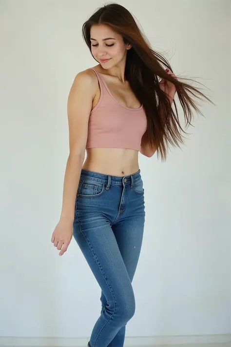 photograph of a girl, european, petite, slim, full body shot, dynamic pose, posing, wearing tight jeans, very long hair, cute top