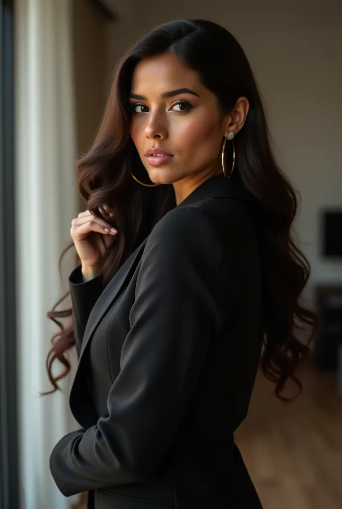 Long-haired brown woman in formal wear in an apartment, profile picture