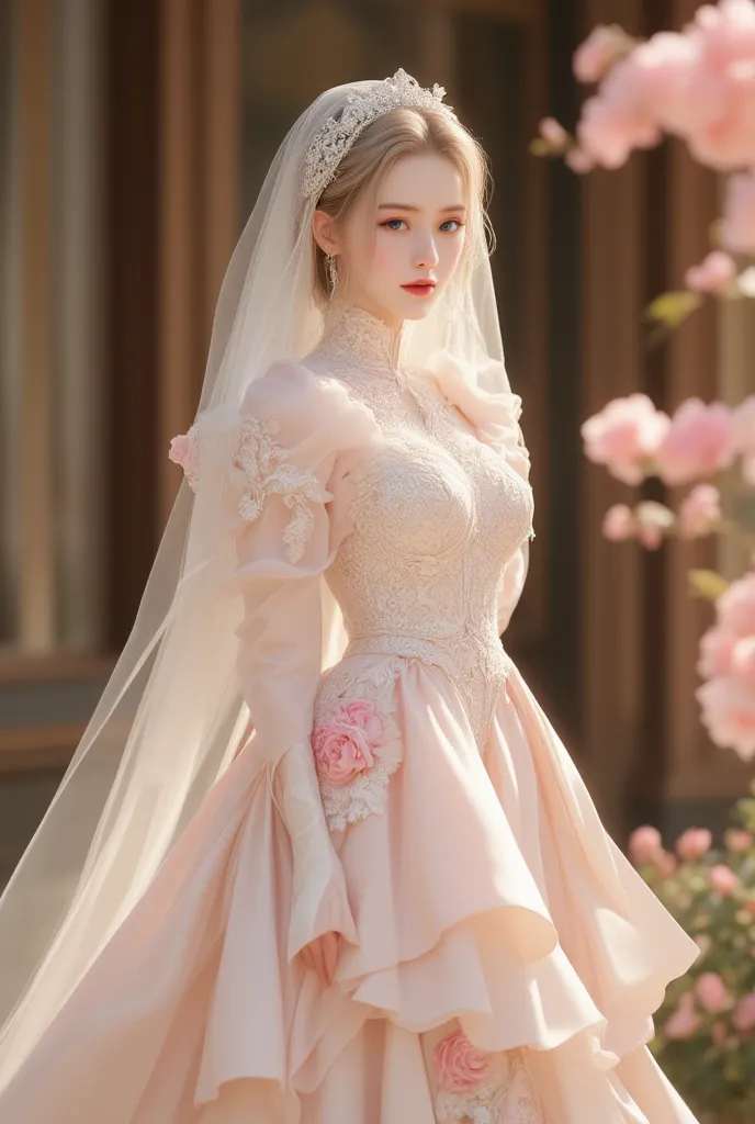 (masterpiece, best quality: 1.2), (ultra-realistic:1.2),(ultra details),(soft pink dress),(silver high heels),2),(ultra details), (pure white dress),(nude color high heels),beautiful woman like a model,18 years old,short,blond hair,red lips,blue eyes,beaut...