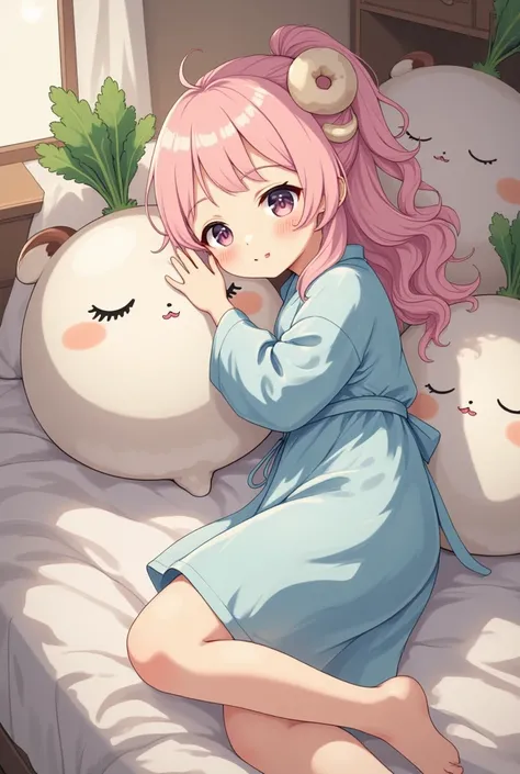 in cute girly fluffy room,lovely furniture,solo,a girl\(big eyes,closed eyes,details of eyes,thick eyebrows,long fluffy hair,soft pink hair,elegant hair,small sheep horns attached on her head,light brown sheep horns,gentle smile),details of  clothes\(fluff...