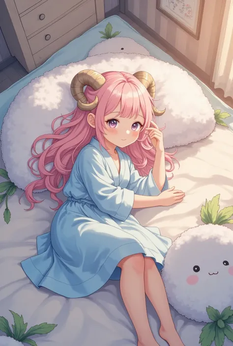 in cute girly fluffy room,lovely furniture,solo,a girl\(big eyes,closed eyes,details of eyes,thick eyebrows,long fluffy hair,soft pink hair,elegant hair,small sheep horns attached on her head,light brown sheep horns,gentle smile),details of  clothes\(fluff...