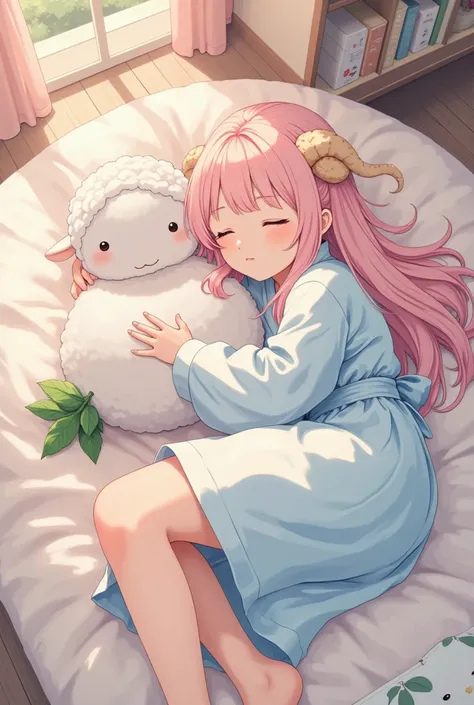 in cute girly fluffy room,lovely furniture,solo,a girl\(big eyes,closed eyes,details of eyes,thick eyebrows,long fluffy hair,soft pink hair,elegant hair,small sheep horns attached on her head,light brown sheep horns,gentle smile),details of  clothes\(fluff...