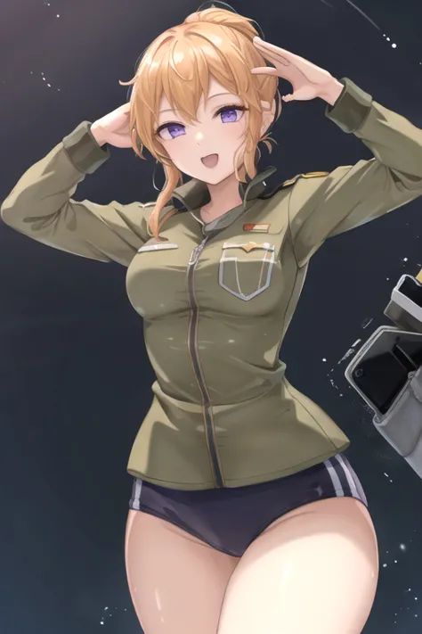 cadiachan, blonde hair, ponytail, purple eyes, smile, BREAK, green helmet, Military helmet, military uniform, BREAK, Salute, masterpiece, best quality, extremely detailed, highly quality, 4k, sharp focus, professional, sharp focus, award winning, cinematic...