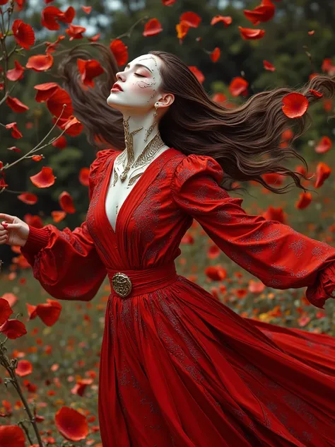 A white cyborg woman stands in a garden, surrounded by a whirlwind of red petals. Her long sleeve red lace dress and brunette hair moves with the wind, you can see glimpses of her cybernetic circuitry enhancements in her neck. Her expression is one of sere...