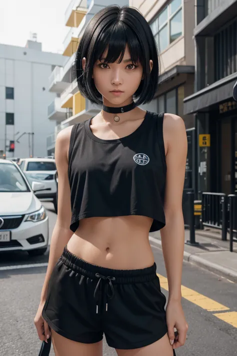  high resolution,   boyish ,    1 girl,  black hair, Sporty shortcuts,   asymmetrical hairstyle  ,  Asymmetrical bangs,   yellow eyes,  There are three circles in the middle of the eye,  Skater Style Street Fashion, slightly oversized bottoms,  standing,  ...