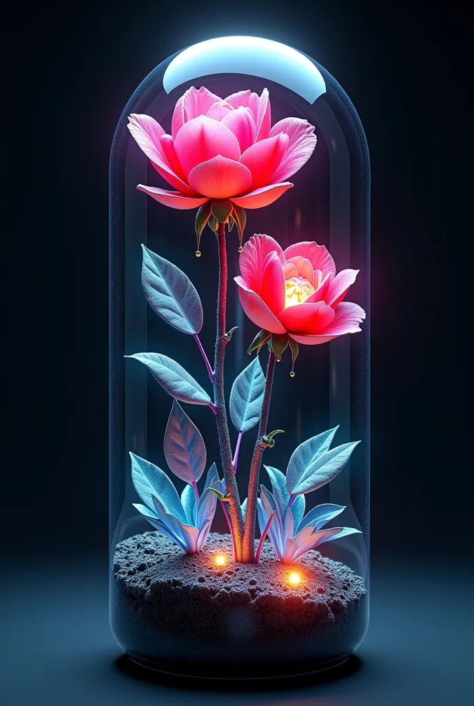 Ultra-realistic 8K resolution, Octane render, Unreal Engine 5 masterpiece, dark academia aesthetic, enchanted glass terrarium containing: two hybrid heliotrope-roses with translucent ruby gemstone petals (vitreous refraction), metallic obsidian stems (biol...