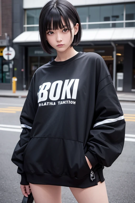  high resolution,   boyish ,    1 girl,  black hair, Sporty shortcuts,   asymmetrical hairstyle  ,  Asymmetrical bangs,   yellow eyes,  There are three circles in the middle of the eye,  Skater Style Street Fashion, slightly oversized bottoms,  standing,  ...