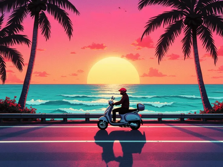 Synthwave style image of an ocean at sunset. the bottom half is a highway, where a scooter is passing through. the color is vividly displaying prominent neon-like pink, orange, and turquoise colors.