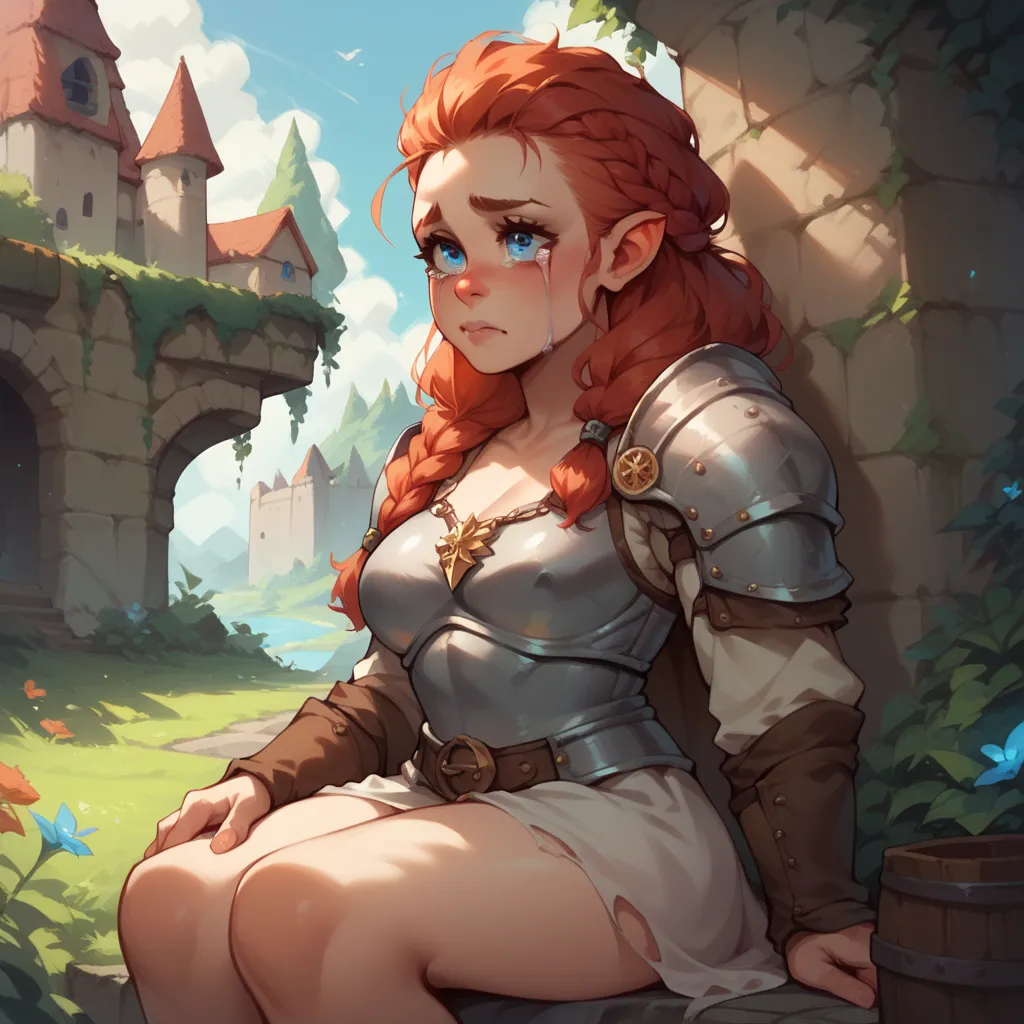 a dwarf with red hair and blue eyes and round ears. she is wearing captains armor. she is crying and has bags under her eyes as she sits outside a castle.