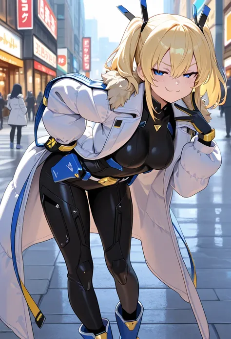 masterpiece, best quality, laplace, hair ornament, white coat, belt, black bodysuit, fur trim, gloves, blue boots, standing, smug, smile, leaning forward, city street, close-up 