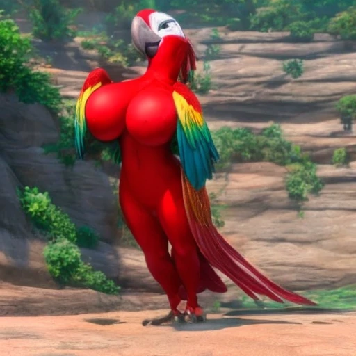 photorealistic, solo, a female red macaw, (hyper realistic, cinematic colors, cinematic lighting, incredible detail, 16k resolution, award winning photography) breasts, large breasts, taunts her boob for viewer, holding boob,  pumping chest, very shiny lat...