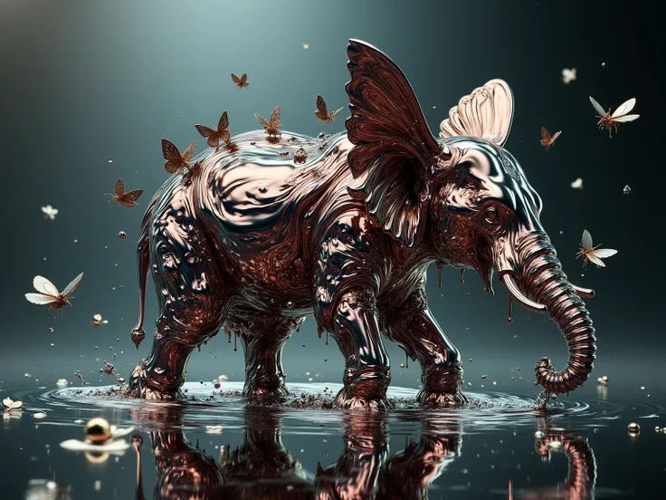 An elephant made out of butterflies walking in pond of mercury.