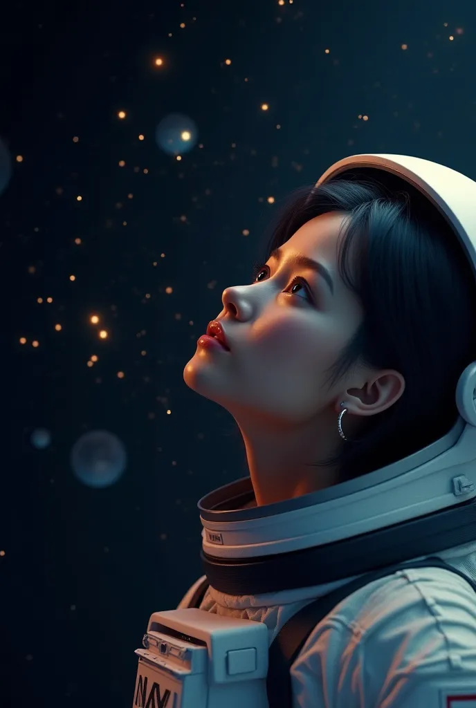 Female astronaut with a very beautiful face looking out to the universe 